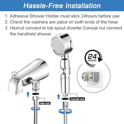 Chrome Tub Spout with Diverter slip fit 1/2 inch Copper Tube, High Pressure filtered Handheld Shower with 3 Spray Modes On/Off Switch, 59 inch hose, Bracket, No Drill Required Install