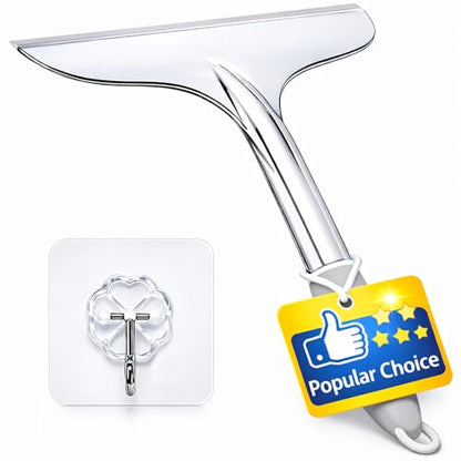 Shower Squeegee for Glass Shower Doors Bathroom Tile Mirror – Streak-Free Silent Window Cleaner with Non-Slip Handle and Adhesive Hook for Car and Home Cleaning
