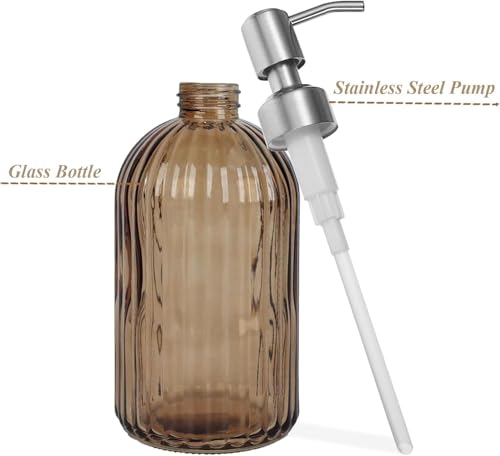 14Oz Brown Soap Dispenser Bathroom, 2 Pack, Stainless Steel Pump, Stripe | Clear Glass Hand Soap Dispensers, Refillable Dish Soap Dispenser for Kitchen, Countertop Soap Dispensers - color: Brown（2-pack）
