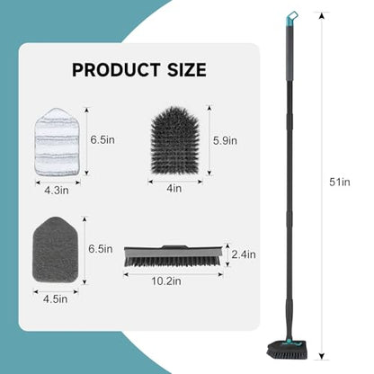 nacena Shower Scrubber with Long Handle, 4 in 1 Tile Tub Scrubber Brush with 3 Detachable Cleaning Heads and V-Shaped Grout Brush Shower Cleaner Brush for Bathroom Kitchen Toilet Tub Sink Wall, Black - color: Black, size: 2 pads+brush