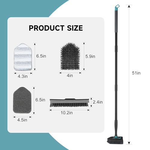 nacena Shower Scrubber with Long Handle, 4 in 1 Tile Tub Scrubber Brush with 3 Detachable Cleaning Heads and V-Shaped Grout Brush Shower Cleaner Brush for Bathroom Kitchen Toilet Tub Sink Wall, Black - color: Black, size: 2 pads+brush