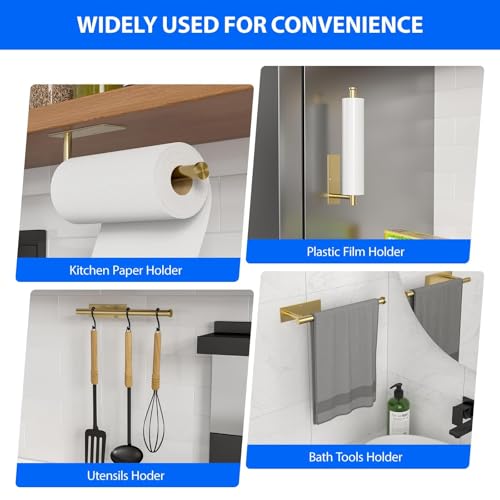Paper Towel Holder Under Cabinet, Self-Adhesive,No Drilling, Stainless Steel, Wall-Mounted for Kitchen and Bathroom, Easy Install, Durable, Space-Saving, Ideal for Home, RV (Gold, 1 Pack) - color: Gold