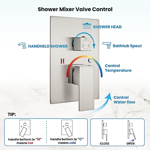 gotonovo Tub Shower Faucet Set with Valve Kit 10’’ Head,Brushed Nickel | Shower System with Tub Spout,SUS304 Rain Head with Handheld Sprayer,Swivel Spout,All Metal,Rough-In Valve Trim Kit,Wall Mount - color: Nickel, size: 10’’ Head