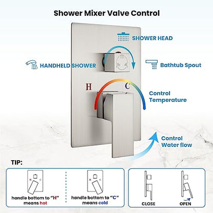 gotonovo Tub Shower Faucet Set with Valve Kit 12’’ Head,Brushed Nickel | Shower System with Tub Spout,SUS304 Rain Head with Handheld Sprayer,Swivel Spout,All Metal,Rough-In Valve Trim Kit,Wall Mount - color: Nickel, size: 12’’ Head