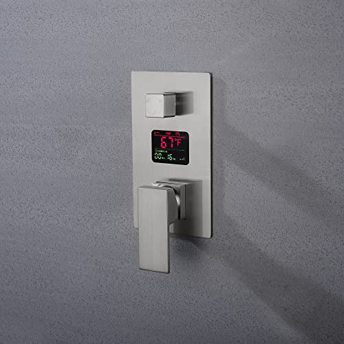 Cascada Digital 12” Wall Mounted Shower System with Single Handle & LCD Display, 3 Functions (Rainfall, Body jets & Handheld) (Brushed Nickel) - color: Brushed Nickel