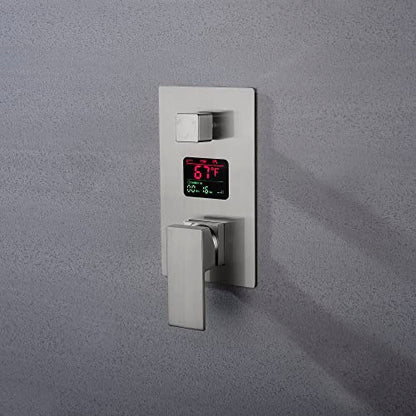 Cascada Digital 12” Wall Mounted Shower System with Single Handle & LCD Display, 3 Functions (Rainfall, Body jets & Handheld) (Brushed Nickel) - color: Brushed Nickel