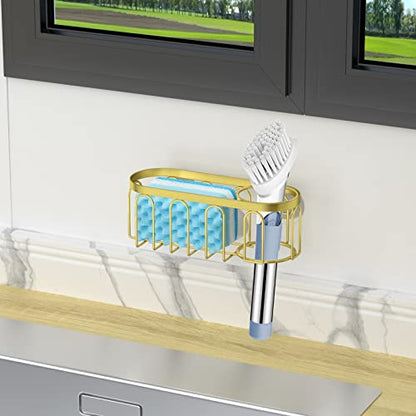 2-in-1 Sponge Holder for Kitchen Sink, Sink Caddy Kitchen Sink Organizer with 3 Suction Cups, No Drill Rustproof Sink Sponge Holder for Dish Brush, Soap & Sponge (Gold) - color: A Style-Gold