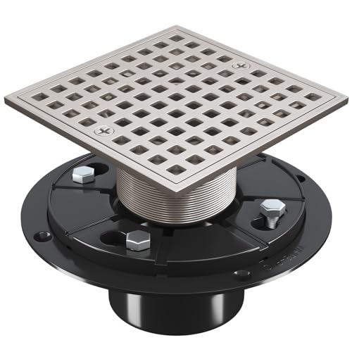 4 Inch Square Shower Floor Drain with Flange and Hair Strainer | SUS304 Stainless Steel, Anti-Clog, Brushed Nickel Shower Drain with Hair Catcher, Removable Grid Drain Cover, For Bathroom - color: Brushed Nickel