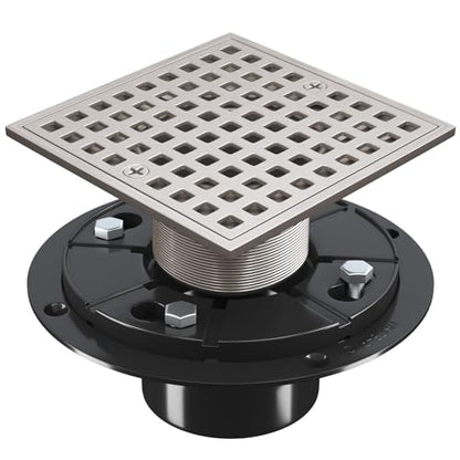4 Inch Square Shower Floor Drain with Flange and Hair Strainer | SUS304 Stainless Steel, Anti-Clog, Brushed Nickel Shower Drain with Hair Catcher, Removable Grid Drain Cover, For Bathroom - color: Brushed Nickel
