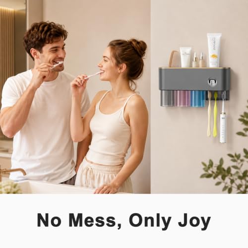 Bathroom Toothbrush Holder —Wall-Mounted Toothbrush Organizer (with Automatic Toothpaste Dispenser), Magnetic Rinse Cup Design, No-Drill Bathroom Vanity Storage Tray (Gunmetal Gray (3-Cup)) - color: Gunmetal Gray (3-cup)