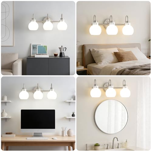 Bathroom Wall Light Fixture Brushed Nickel 3 Light Vanity Light | Wall Sconce with Milk Globe Glass Shade Bath Wall Lamp over Mirror Farmhouse Wall Mount Light for Living Room Bedroom Hallway - color: Brushed Nickel M