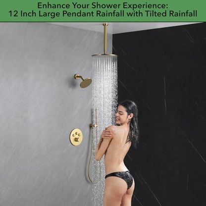 VANFOXLE Thermostatic Shower Faucet Set Brushed Gold Shower System | Push Button Diverter, 12 Inch Ceiling Mount Rain Head Increased Thick, 6 Inch Side Head, 2-in-1 Handheld Sprayer, Modern - color: Brushed Gold, style: 12 Inch