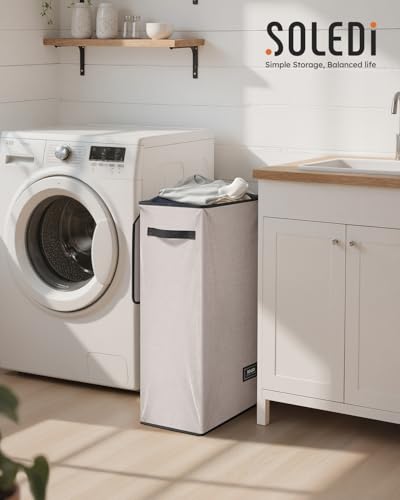 SOLEDI Slim Laundry Hamper with Lid, Narrow Laundry Basket with Removable Bags, Dirty Clothes Hamper with handle, Small Hamper perfect for Laundry room, Bathroom, Bedroom, Small spaces.Light taupe - color: Light taupe, size: 70L