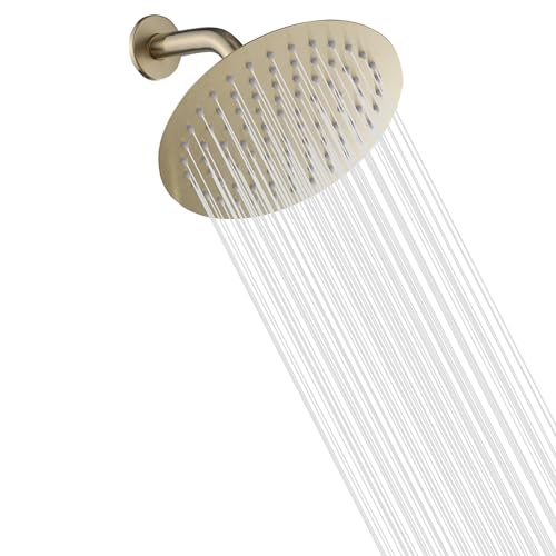 Round 6 Inch Stainless Steel Shower Head High Pressure Rainall Shower Head Brushed Gold Ultra Thin Design-Best Pressure Boosting with Silicone Nozzle Easy to Install - color: Brushed Gold, size: Round