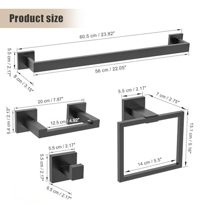 TQKAG Matte Black Bathroom Hardware Accessories Set 5 Pieces, Double Post Pivoting Toilet Paper Holder Set Stainless Steel Square Bathroom Towel Bar Holder Set Wall Mounted - color: Matte Black, size: 5-Pieces Set