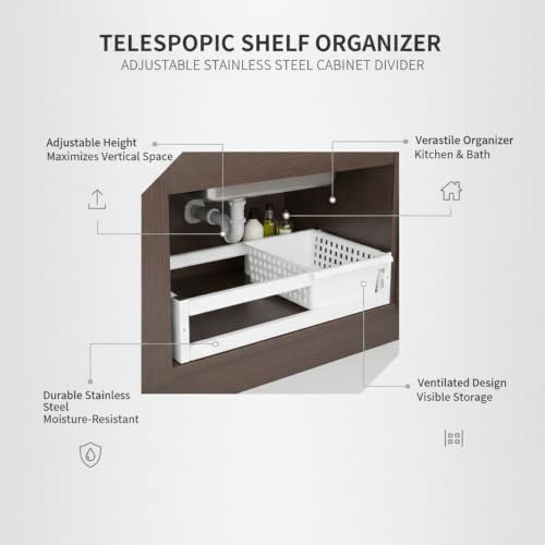 Telescopic Shelf Organizer, Adjustable Stainless Steel Cabinet Divider for Under Sink, Kitchen, Bathroom, and Closet Storage - size: 9.84 x 7.87 x 3.35 in