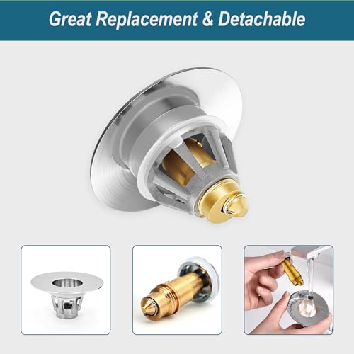 Universal Bathroom Sink Stopper - Upgraded Pop up Drain Strainer with Hair Catcher, Fits 1.1-1.5 Inch U.S. Standard Drain Holes - Anti-Clogging Filter - Pure Brass Construction