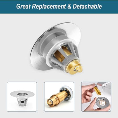 Universal Bathroom Sink Stopper - Upgraded Pop up Drain Strainer with Hair Catcher, Fits 1.1-1.5 Inch U.S. Standard Drain Holes - Anti-Clogging Filter - Pure Brass Construction