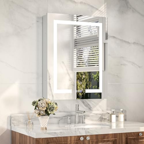24 x 30" Wall-Mounted LED Bathroom Medicine Cabinet, Anti-Fog, 3 Color Temp | Surface-Mount/Recessed, Double-Sided Mirror Cabinet with DTC Silent-Close Hinges, Adjustable Tempered Glass Shelf - size: 24W x 30H Inch