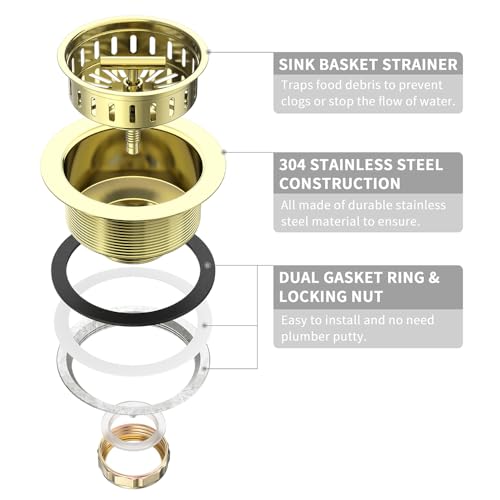KONE 3-1/2 Inch Kitchen Sink Drain Assembly Stainless Steel Gold Kit with Strainer Basket/Rubber Stopper, Rustproof Durable Gold Finish Replacement for Standard Commercial Sink Drains - color: Gold