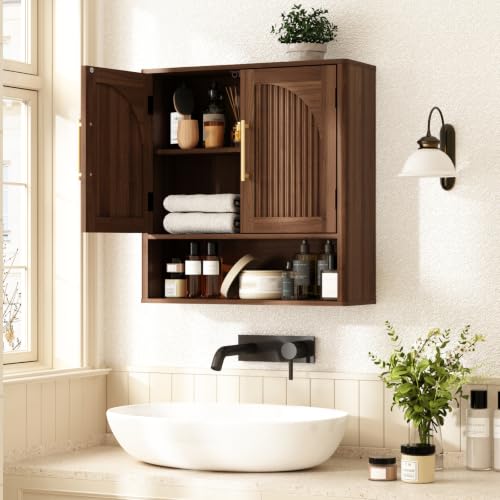 RUSTOWN Fluted Bathroom Wall Cabinet with Arched Doors & Rounded Edges | Over The Toilet Storage Cabinet with Adjustable Shelf, Mid Century Modern Medicine Cabinets, Laundry & Kitchen Shelving Unit - color: Dark Walnut