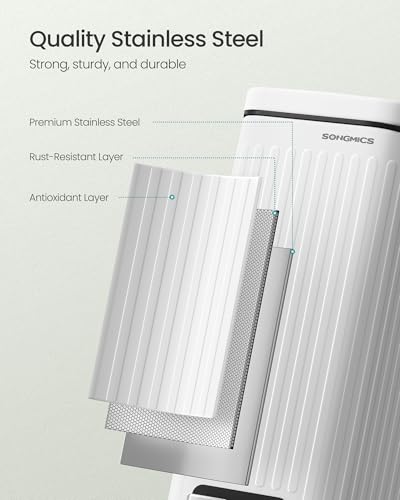 SONGMICS Bathroom Trash Can, 1.6-Gallon (6 L) Trash Bin with Lid, Slim for Small Spaces, Stainless Steel Garbage Can, Soft Close, White ULTB563W02 - color: White, style: 1.6 Gal. & fluted design