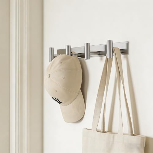 HUFEEOH T-Shaped Stainless Steel Coat Rack Wall Mount - 4 Heavy Duty Hooks for Bathroom, Mudroom Entryway, Durable Purse Hanger & Towel Rack - color: Silver, size: 1 Pack "T" shape 4 hooks