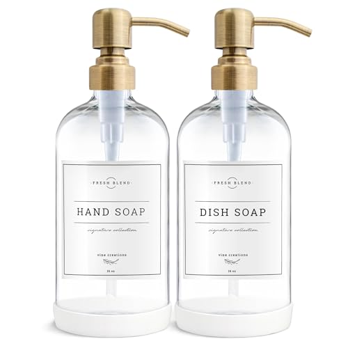 Vine Creations Clear Glass Soap Dispenser, 2 Pack Kitchen Soap Dispenser Set with Stainless Steel Pump, 16 oz Dish Soap and Hand Soap Dispensers for Bathroom with Waterproof Labels - color: Clear Bottle / Brushed Brass Pump