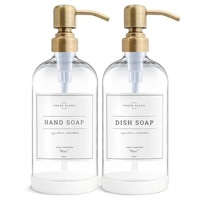 Vine Creations Clear Glass Soap Dispenser, 2 Pack Kitchen Soap Dispenser Set with Stainless Steel Pump, 16 oz Dish Soap and Hand Soap Dispensers for Bathroom with Waterproof Labels - color: Clear Bottle / Brushed Brass Pump