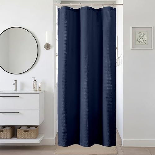 Navy Blue Stall Shower Curtain 36 x 72 Inch, Textured Soft Fabric Waffle Narrow Size Modern Shower Small Curtain for Bathroom Hotel, Machine Washable, Water Resistant, 36Wx72L Inches - color: Navy Blue, size: 36"W x 72"L (Pack of 1)