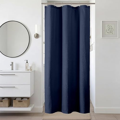 Navy Blue Stall Shower Curtain 36 x 72 Inch, Textured Soft Fabric Waffle Narrow Size Modern Shower Small Curtain for Bathroom Hotel, Machine Washable, Water Resistant, 36Wx72L Inches - color: Navy Blue, size: 36"W x 72"L (Pack of 1)