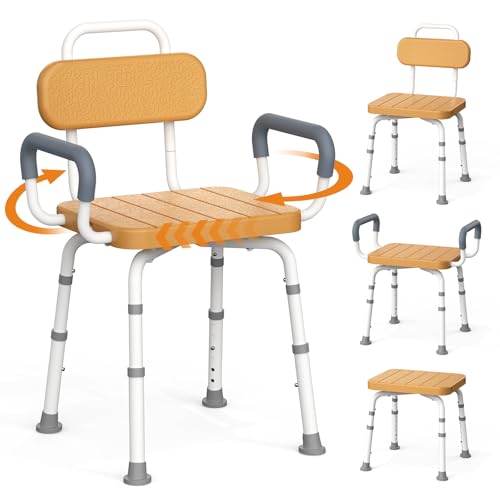 Loyoda Swivel Shower Chair with Removable Arms & Back, Fits Small Bathrooms | Adjustable-Height Rotating Shower Bench – Safety Stool Design, Ideal for Seniors and the Disabled, in Brown