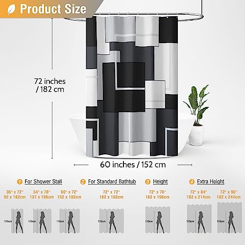 60 x 72 Modern Geometric Waterproof Fabric Shower Curtain Set, Black | Narrow Long, Premium Polyester, Weighted Hem, 10 Plastic Hook, Vibrant Color, Wrinkle-resistant, Quick-Dry, Machine Washable - color: Black, size: 60"W x 72"L (Pack of 1)