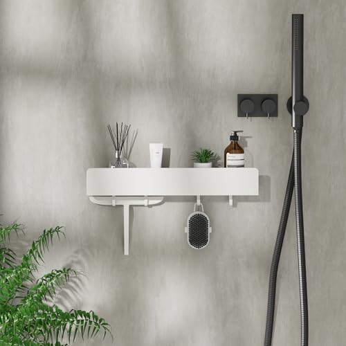 REKITA No Drill Shower Shelf Organizer, 40cm Stainless Steel Bathroom Storage with 4 Removable Hooks, Adhesive Wall Mounted Shower Caddy, Rustproof Bath Shelf for Bathroom Kitchen Living Room - color: White