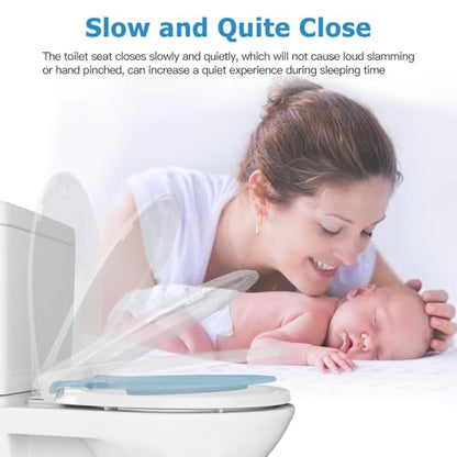 Blue Round Toilet Seat with Built-In Potty Training Seat for Adult and Child, Soft Quiet-Close Lid with Non-Slip Design, Magnetic Kids Seat, Easy to Install and Clean - color: Blue, with Toddler Seat, size: Round (17″)