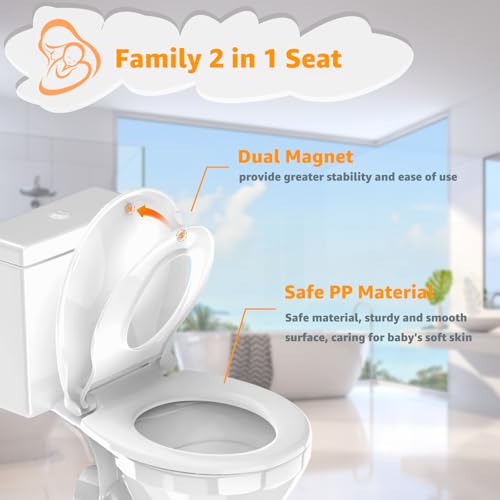 Toilet Seat with Toddler Seat, Potty Training Toilet Seat Round 2 in 1 Soft Close Quiet No Slapping, Magnetic Absorption, Easy to Install and Clean,White - color: White, size: Round 16.5inch with Baby Seat & Magnetic