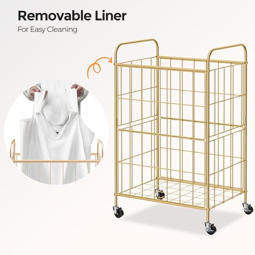 90L Laundry Hamper with Wheels, Laundry Basket with Handle and Liner Bag | Lockable Casters; Reinforced Frame; Breathable Fabric; Space-Efficient Design - color: Golden+White, size: 90L-1 Section