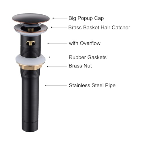 Oil-Rubbed Bronze Bathroom Sink Drain with Overflow - Pop Up Drain Assembly Kit, Brass/Stainless Steel with Detachable Strainer Basket - color: Oil-rubbed Bronze, size: with overflow