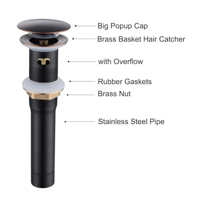 Oil-Rubbed Bronze Bathroom Sink Drain with Overflow - Pop Up Drain Assembly Kit, Brass/Stainless Steel with Detachable Strainer Basket - color: Oil-rubbed Bronze, size: with overflow