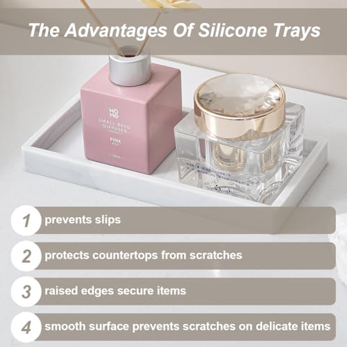 2PCS 11.8” L x 5” W Silicone Soap Dispenser Tray, Bathroom Sink Vanity Trays for Dresser Tops, Toilet, Small Tray for Scrubber, Lotion Bottles, Perfume, Jewelry, Candle, Key Trinket Ring-White Marble - color: Marble Gray（2 Pcs Large 11.8”）