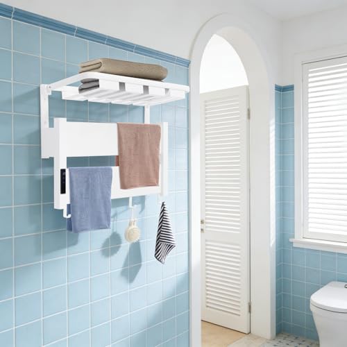 Electric Towel Warmer, Wall-Mounted Towel Heater with Timer, Foldable Shelf, 95-158℉ Temp, Aluminum Plug-in Bath Heater for Bathroom, 100W, IPX4 Water Prevention, 44lbs + 33lbs Capacity (Creamy White)