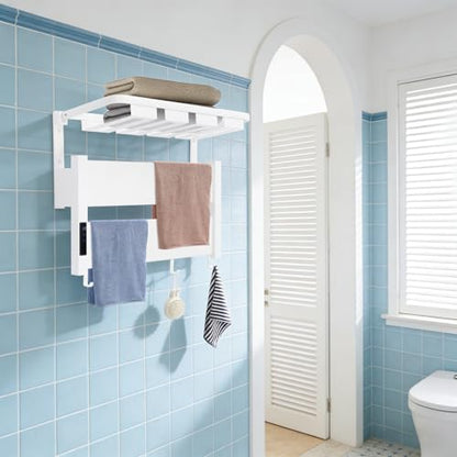 Electric Towel Warmer, Wall-Mounted Towel Heater with Timer, Foldable Shelf, 95-158℉ Temp, Aluminum Plug-in Bath Heater for Bathroom, 100W, IPX4 Water Prevention, 44lbs + 33lbs Capacity (Creamy White)