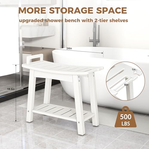FLyjoe 24 INCH Extra Large Shower Bench for Inside Shower Shaving Legs, Waterproof HDPE Shower Chair Seat with Storage Shelf and Handles Spa Shower Stool for Bath Tub Bathroom Use, White - color: Large-white