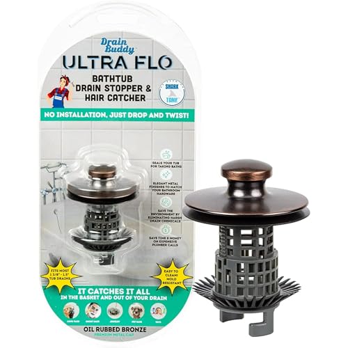 Drain Buddy Ultra Flo No Installation 2 in 1 Clog Preventing Tub Drain Stopper and Hair Catcher for 1 3/8" to 1.5" Bathtubs and Utility Sinks Oil Rubbed Bronze Metal Cap - color: Oil Rubbed Bronze