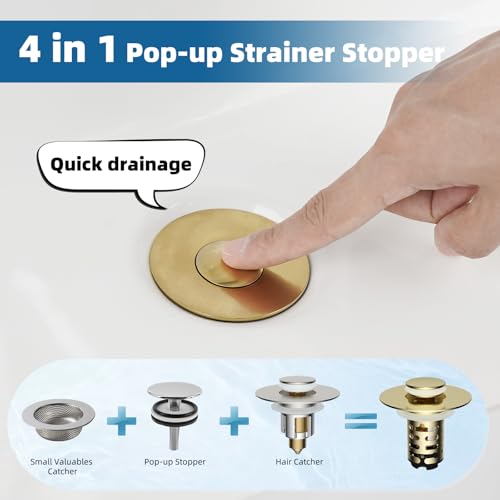 Universal Upgraded Bathroom Sink Drain Stopper Hair Catcher, Brushed Gold | 4-IN-1 Pop-Up Sink Strainer with 2-Layer Removable Stainless Steel Basket, Anti-Clog Drain Plug for 1.1"-2.36" Basin - color: Brushed Gold