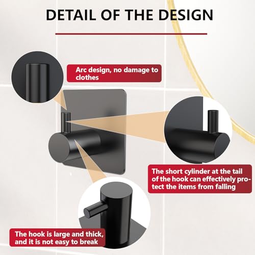 Adhesive Towel Hook 8Pack Matte Black, Modern Style Stainless Steel Wall Hooks Stick for Clothes, Hat, Towel Robe Hook Rack Wall Mount, Thicken Holder for Home Bathroom Kitchen