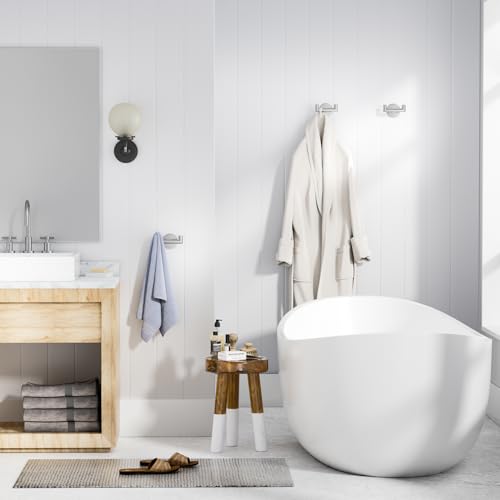2 Pack Brushed Nickel Bathroom Hooks for Towels, Robes, Coats, Shower Use | Self-Adhesive, Stainless Steel, Rust Resistant, Double hooks, Easy Install, Space Saving - color: Silver