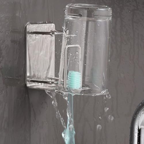 Mobestech Nail-Free Stainless Steel Toothbrush Holder Wall Mounted Bathroom Organizer with Toothpaste Storage Rack and Rinsing Cup for Home Bathroom Accessories