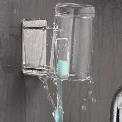 Mobestech Nail-Free Stainless Steel Toothbrush Holder Wall Mounted Bathroom Organizer with Toothpaste Storage Rack and Rinsing Cup for Home Bathroom Accessories