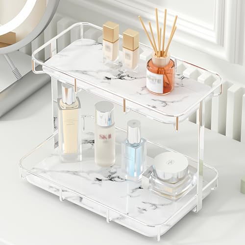 Bathroom Organizer Countertop Perfume Organizer Makeup Organizer Cosmetics Storage Display Rack Vanity Tray Dresser Stainless Steel Gold Shelf White Marble Ceramic Tray - color: 2 Tier Xl-sliver